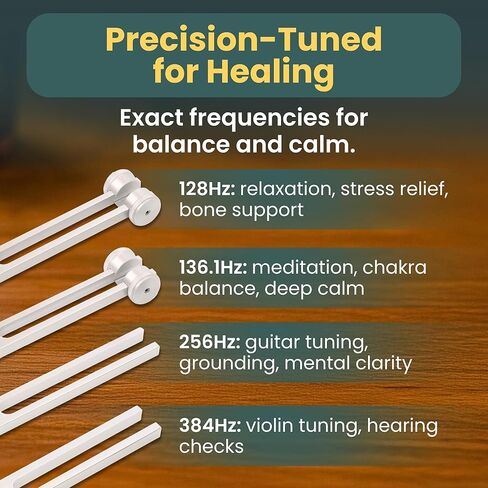 مجموعة الشوك الرنانة للشفاء | 128 هرتز، 136 هرتز، 256 هرتز، 384 هرتز | أدوات معالجة صوتية دقيقة لموازنة الشاكرا والتأمل والعلاج بالنغمة | 4 شوكات ضبط، ومطرقة عاكسة، ومنشط، وحقيبة in Kuwait