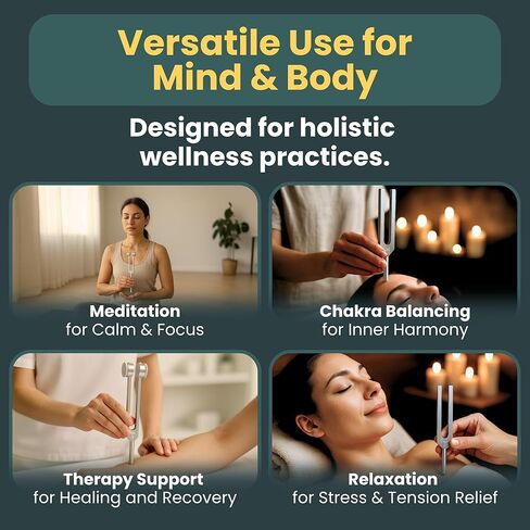 مجموعة الشوك الرنانة للشفاء | 128 هرتز، 136 هرتز، 256 هرتز، 384 هرتز | أدوات معالجة صوتية دقيقة لموازنة الشاكرا والتأمل والعلاج بالنغمة | 4 شوكات ضبط، ومطرقة عاكسة، ومنشط، وحقيبة in Kuwait