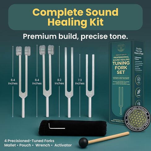 مجموعة الشوك الرنانة للشفاء | 128 هرتز، 136 هرتز، 256 هرتز، 384 هرتز | أدوات معالجة صوتية دقيقة لموازنة الشاكرا والتأمل والعلاج بالنغمة | 4 شوكات ضبط، ومطرقة عاكسة، ومنشط، وحقيبة in Kuwait