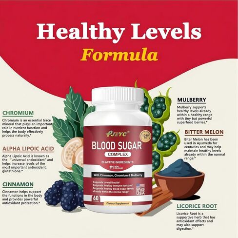 مكمل مركب سكر الدم - يدعم مستويات السكر في الدم الصحية بالفعل ضمن النطاق الطبيعي، كل شيء طبيعي مع القرفة، البطيخ المر، الكروم، الثوم، الكركديه، أوراق الزيتون، التوت، غير معدل وراثيًا - 120 كبسولة in Kuwait