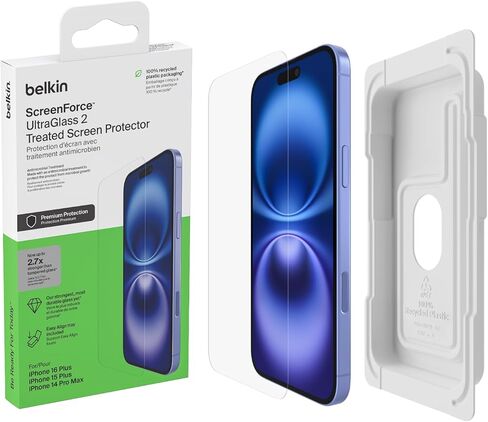 Belkin ScreenForce TemperedGlass Treated Screen Protector for iPhone 16 Pro - Slim & Scratch-Resistant - Includes Easy Align Frame for Bubble Free Application - 2-Pack in Saudi Arabia