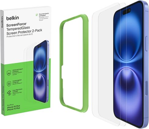 Belkin ScreenForce TemperedGlass Treated Screen Protector for iPhone 16 Pro - Slim & Scratch-Resistant - Includes Easy Align Frame for Bubble Free Application - 2-Pack in Saudi Arabia