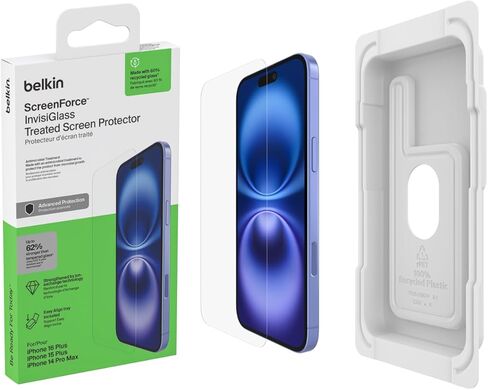 Belkin ScreenForce TemperedGlass Treated Screen Protector for iPhone 16 Pro - Slim & Scratch-Resistant - Includes Easy Align Frame for Bubble Free Application - 2-Pack in Saudi Arabia