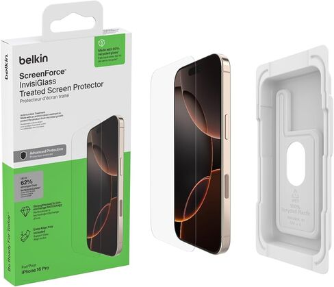 Belkin ScreenForce TemperedGlass Treated Screen Protector for iPhone 16 Pro - Slim & Scratch-Resistant - Includes Easy Align Frame for Bubble Free Application - 2-Pack in Saudi Arabia