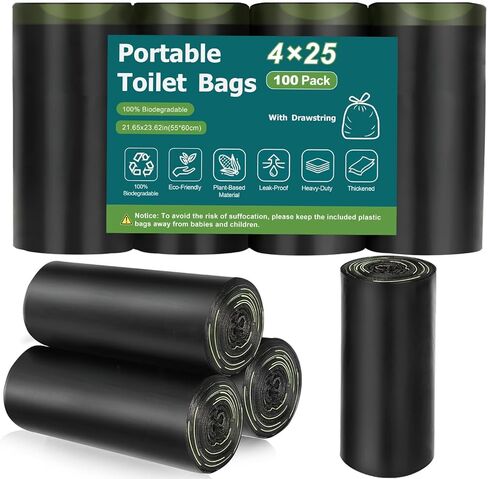 Portable Toilet Bags for Camping, Biodegradable Drawstring Toilet Bags | Lemon Scent, Compostable Bags for 5-8 Gallon Bucket Toilet Seats, Outdoor Camping, Travel, RV, Hiking, 100 Pack in Kuwait