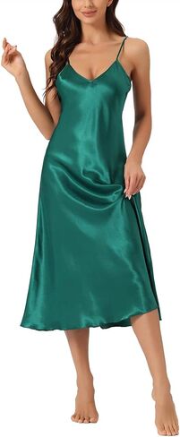 cheibear Womens Satin Pajama Dress Camisole Midi Nightdress 2023 V-Neck Lounge Long Silky Nightgowns in Kuwait