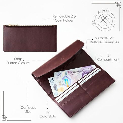 محفظة نسائية مصنوعة يدويًا من الجلد المحبب بالكامل، مزودة بحجب RFID، و12 فتحة للبطاقات، و3 أقسام، وحقيبة للعملات المعدنية بسحاب قابل للإزالة، وصندوق هدايا وحقيبة، وعيد الميلاد وأعياد الميلاد، باللون الأزرق الداكن العنابي in Kuwait