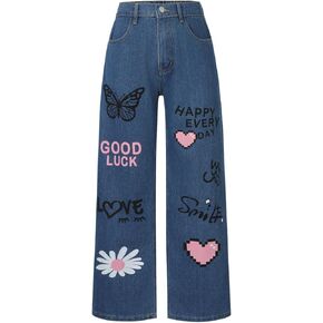 Weixinbuy Girls Jeans Wide Leg Pants Baggy Jeans for Girls Elastic Waisted Denim Pants Trendy Tween Streetwear 6-14Y in Saudi Arabia