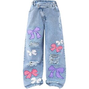 WDIRARA Girl's Cute Bow Print Ripped Jeans Elastic Waist Wide Leg Baggy Demin Pants in Saudi Arabia