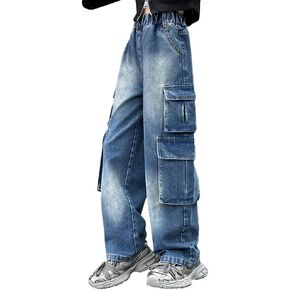 AOWKULAE Girls Jeans Cargo Pants Baggy Wide Leg High Elastic Waistband Kids Straight Denim Pant with Pockets 5-14Y in Kuwait