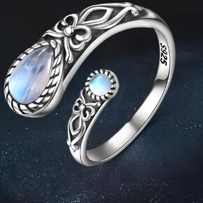 S925 Sterling Silver Adjustable Moonstone Ring - Vintage Boho Spoon Band with Butterfly Detail, Synthetic Stone in Kuwait