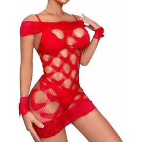 الملابس الداخلية النسائية شبكة صيد السمك فستان شبكة Badydoll ارتداءها انظر من خلال قميص مستقيم الكتف المائل Clubwear، الأحمر in Kuwait