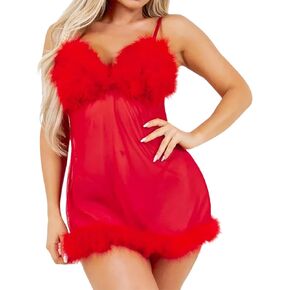 Sexy Sheer Mesh Babydoll Lingerie with Feather Trim Adjustable Spaghetti Straps Prism Matching G String S-3X in Saudi Arabia