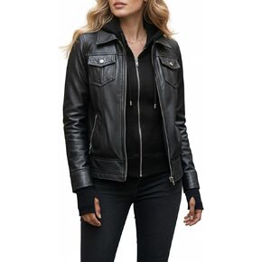 Hooded Leather Jackets For Women - Real Lambskin Womens Leather Jacket With Removable Hood in Kuwait