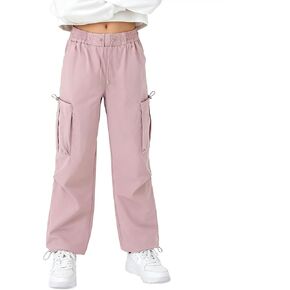 Curipeer Kids Girls Cargo Solid Pants مرونة الفتيات تمتد جيوب متعددة السراويل الطويلة 6-14T in Kuwait