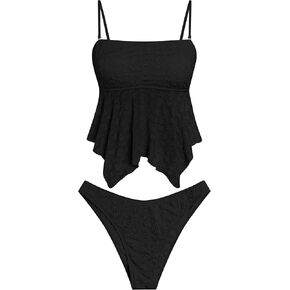 ZAFUL Tankini المايوه للنساء ملابس السباحة Flowy شبكة الدانتيل الجاكار قطعتين ثوب السباحة عالية قطع Tanga Tankini مجموعة in Kuwait