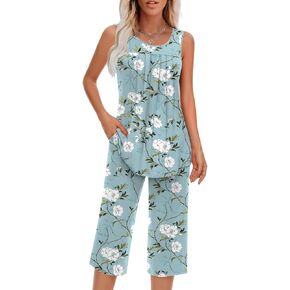 مجموعات بيجامات Findsweet للنساء بدون أكمام ناعمة من Pjs بدون أكمام وسروال كابري مع جيب للسيدات in Kuwait