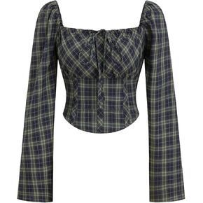 CIDER Plaid Long Sleeve Crop Top Square Neck Tie Front Fashion Blouse in Saudi Arabia