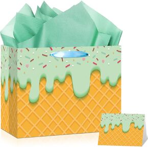 Yomaiha Ice Cream Gift Bag with Tissue Paper and Greeting Card, Ice Cream Gift Wrapping Paper Goodie Bags for Summer Birthday Baby Shower, Sweet One Party Favors Birthday Party Supplies in Saudi Arabia