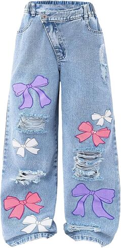 WDIRARA Girl's Cute Bow Print Ripped Jeans Elastic Waist Wide Leg Baggy Demin Pants in Saudi Arabia