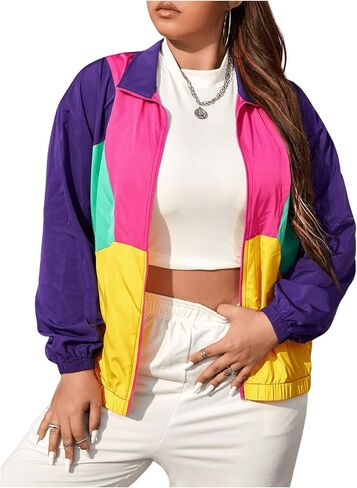 OYOANGLE Women's Plus Size Zip Up Casual Lightweight Color Block Bomber Jacket Patchwork Sporty Windbreaker Jacket in Saudi Arabia