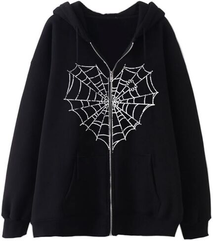 Aobiono Women Men Y2K Zip Up Hoodie Oversized Jacket Gothic Spider Web Graphic Emo Grunge Alt Big Baggy Vintage Streetwear in Saudi Arabia