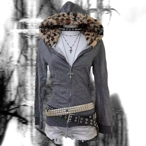 سترة Pooyikoi للسيدات Y2K بغطاء للرأس على الطراز القوطي برسومات Emo Grunge سترة بغطاء للرأس من الفرو 90s ملابس الشارع الشهير ملابس جمالية in Kuwait