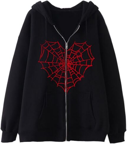 Aobiono Women Men Y2K Zip Up Hoodie Oversized Jacket Gothic Spider Web Graphic Emo Grunge Alt Big Baggy Vintage Streetwear in Saudi Arabia