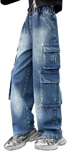 AOWKULAE Girls Jeans Cargo Pants Baggy Wide Leg High Elastic Waistband Kids Straight Denim Pant with Pockets 5-14Y in Kuwait