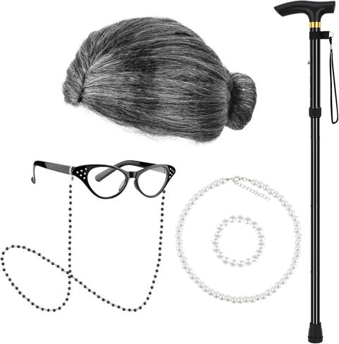Matiniy 9 PCS 100 Days of School Old Lady Costume Include Wig Glasses Necklace Bracelet Glasses Chain Bag Cane and Stickers in Kuwait