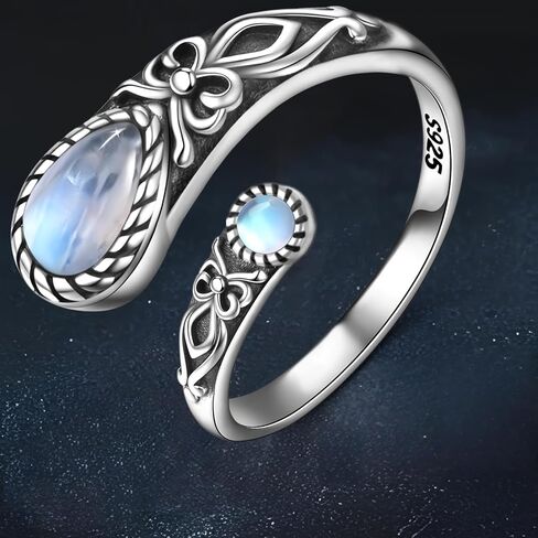 S925 Sterling Silver Adjustable Moonstone Ring - Vintage Boho Spoon Band with Butterfly Detail, Synthetic Stone in Saudi Arabia