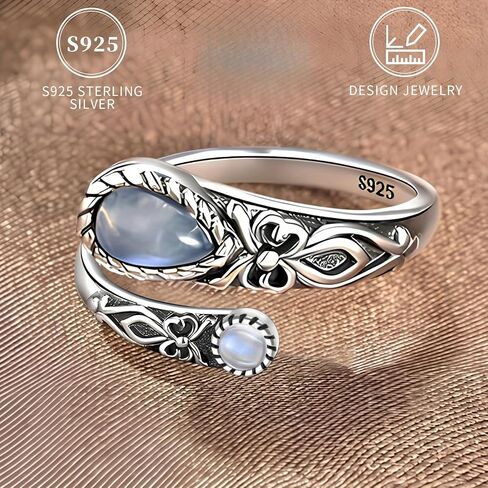 S925 Sterling Silver Adjustable Moonstone Ring - Vintage Boho Spoon Band with Butterfly Detail, Synthetic Stone in Saudi Arabia