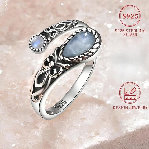 S925 Sterling Silver Adjustable Moonstone Ring - Vintage Boho Spoon Band with Butterfly Detail, Synthetic Stone in Saudi Arabia
