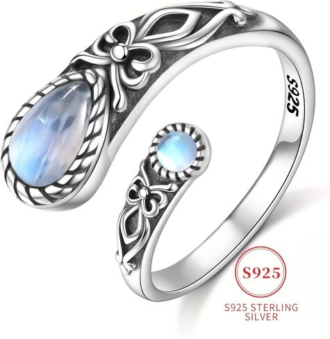 S925 Sterling Silver Adjustable Moonstone Ring - Vintage Boho Spoon Band with Butterfly Detail, Synthetic Stone in Saudi Arabia