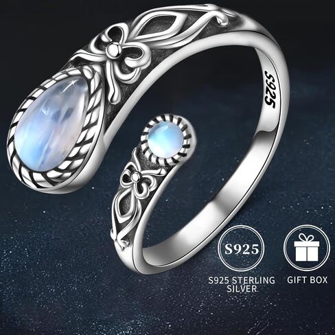 S925 Sterling Silver Adjustable Moonstone Ring - Vintage Boho Spoon Band with Butterfly Detail, Synthetic Stone in Saudi Arabia