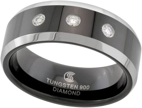 8mm Black Tungsten 3 Stone Diamond Wedding Ring Two-tone Beveled Edges Comfort fit sizes 8 to 14 in Saudi Arabia