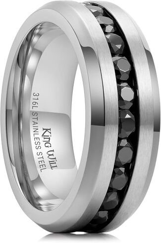 King Will 316L Stainless Steel Wedding Band for Men Women-6/7/8mm Width Silver-Tone Wedding Ring with Multicolor Cubic Zirconia Inlay, Durable Promise Ring Comfort Fit Size 7-14 in Saudi Arabia