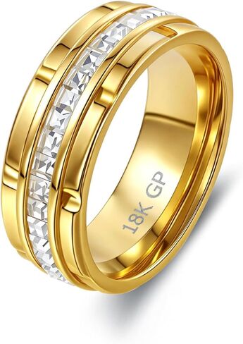 8mm Mens Gold Wedding Band with Cubic Zirconia Silver Eternity Ring CZ Inlaid 18K Gold Plated Stainless Steel Rings for Men, Rings Size 5-12 in Saudi Arabia