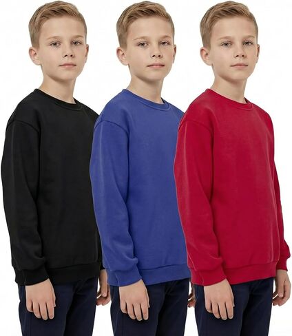 Silkfly 3 Pack Children Long Sleeve Fleece Sweatshirt Crew Neck Pullover Sport Solid Tops for Boys Girls in Kuwait