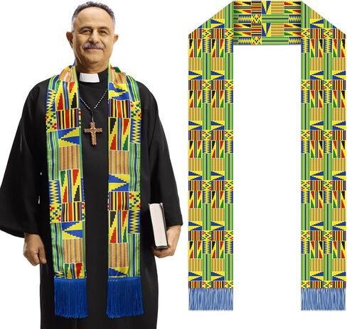 JenPen الأفريقية Kente طباعة سرق وشاح مع هامش Kente القماش الأوشحة الكنيسة رجال الدين وزير جوقة التاريخ الأسود شهر ديكور in Kuwait