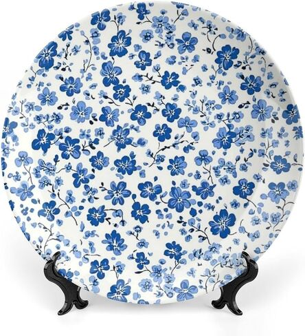 Pedicel Ceramic Decorative Plate, Blue Decorative Dish with Stand, Chinese Style Bone China Decorative Plates Art Porcelain Plate for Living Room Hallway Table Decor in Saudi Arabia