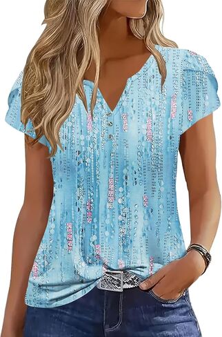 ETCYY Summer Tops for Women 2026 Spring Petal Sleeve Shirts Casual Button Down Trendy Loose Fit V Neck Tshirt Blouse Tee in Saudi Arabia