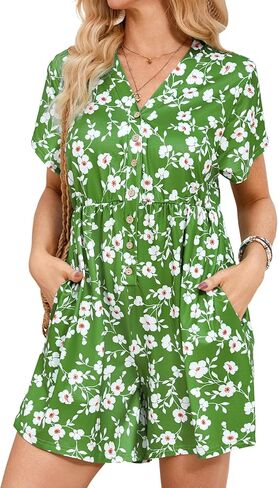 MAKABO Womens Summer Floral Rompers V Neck Boho Short Sleeve Jumpsuits With Pockets Casual Beach Vacation Outfits in Saudi Arabia