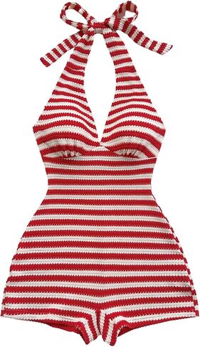 GORGLITTER Women's Striped V Neck Halter Summer Short Rompers Sleeveless Backless Bodysuit One Piece Jumpsuit Unitard in Saudi Arabia