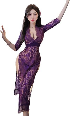 Women's Sexy Lace Long Dress, Dress Pajamas,One Size in Saudi Arabia