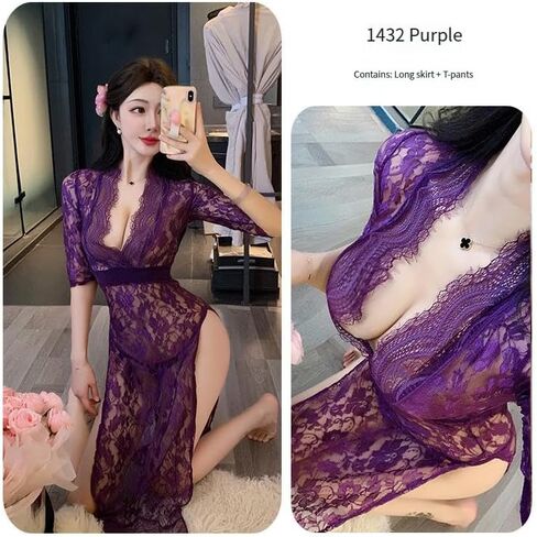 Women's Sexy Lace Long Dress, Dress Pajamas,One Size in Saudi Arabia