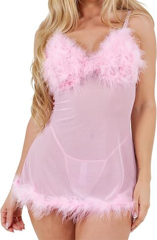 Sexy Sheer Mesh Babydoll Lingerie with Feather Trim Adjustable Spaghetti Straps Prism Matching G String S-3X in Saudi Arabia