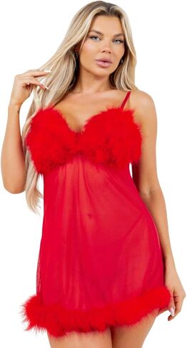 Sexy Sheer Mesh Babydoll Lingerie with Feather Trim Adjustable Spaghetti Straps Prism Matching G String S-3X in Saudi Arabia