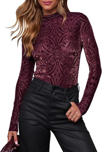 miduo Womens Velvet Burnout Top Crew Neck Long Sleeve Slim Fit Shirt Blouses Tops in Saudi Arabia
