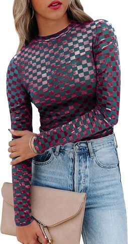 miduo Womens Velvet Burnout Top Crew Neck Long Sleeve Slim Fit Shirt Blouses Tops in Saudi Arabia
